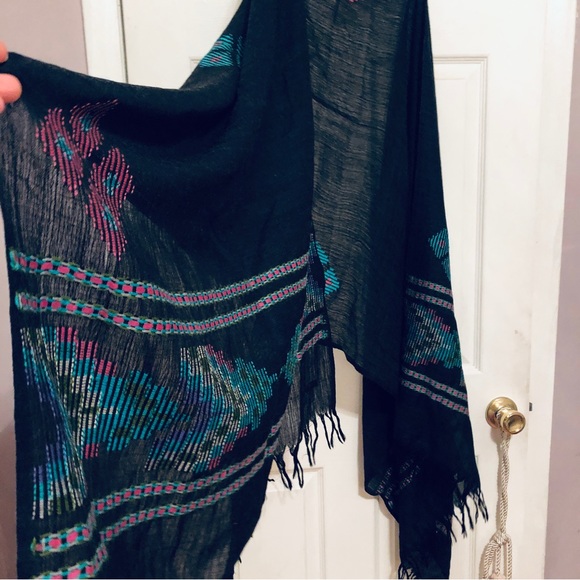 Pure Wool Shaw wrap SHINGORA scarf light opera stole ethnic black geometric - Picture 4 of 5